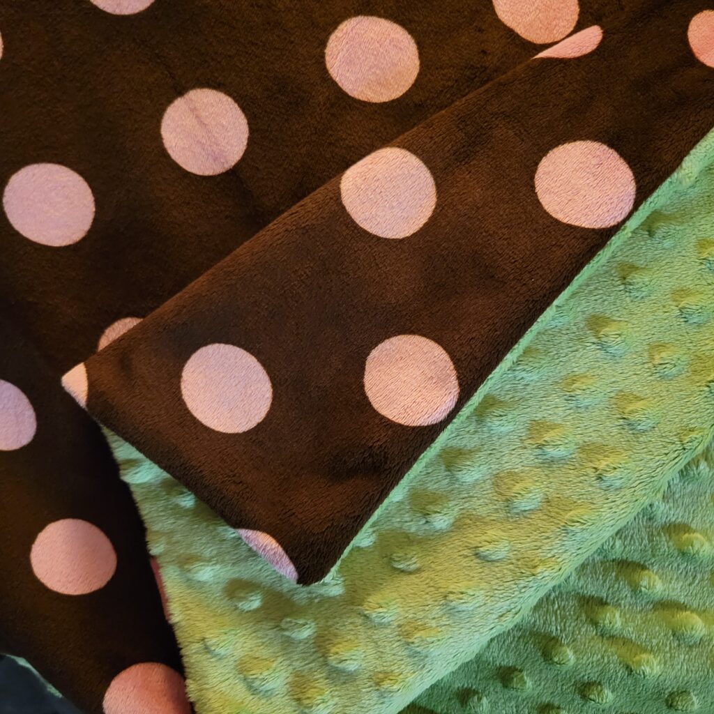 Brown Blanket with pink polka dots and a green back